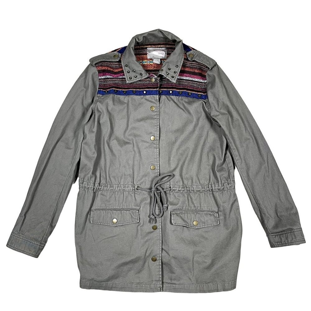 Love 21 Brown Canvas Light Weight Jacket Shacket Colorful Stitching Size Medium